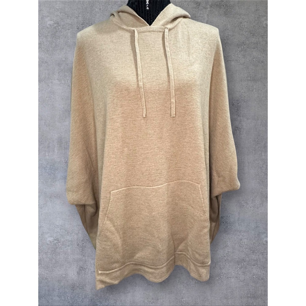 Lou & Grey Hooded Poncho Sweater Womens M/L Tan Batwing Knit Pocket EUC